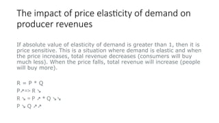 The impact of price elasticity of demand on
producer revenues
If absolute value of elasticity of demand is greater than 1, then it is
price sensitive. This is a situation where demand is elastic and when
the price increases, total revenue decreases (consumers will buy
much less). When the price falls, total revenue will increase (people
will buy more).
R = P * Q
P => R
↗ ↘
R = P * Q
↘ ↗ ↘↘
P Q
↘ ↗↗
 