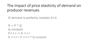 The impact of price elasticity of demand on
producer revenues
If demand is perfectly inelastic E=0
R = P * Q
Q constant
P => R
↗↗↗ ↗↗↗
R = P * Q
↗↗↗ ↗↗↗ constant
 