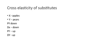 Cross elasticity of substitutes
• X –apples
• Y – pears
PY down
Dx – down
PY – up
DY - up
 