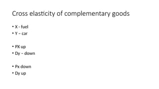 Cross elasticity of complementary goods
• X - fuel
• Y – car
• PX up
• Dy – down
• Px down
• Dy up
 