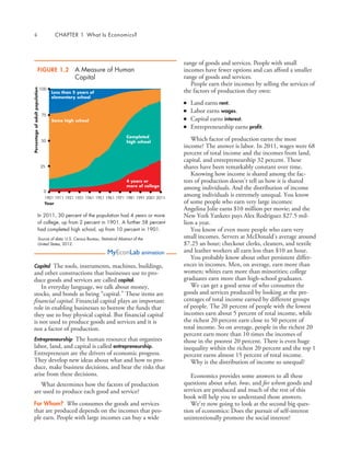 4	 Chapter 1  What Is Economics?
range of goods and services. People with small
­incomes have fewer options and can afford a smaller
range of goods and services.
People earn their incomes by selling the services of
the factors of production they own:
■	 Land earns rent.
■	 Labor earns wages.
■	 Capital earns interest.
■	 Entrepreneurship earns profit.
Which factor of production earns the most
­income? The answer is labor. In 2011, wages were 68
percent of total income and the incomes from land,
capital, and entrepreneurship 32 percent. These
shares have been remarkably constant over time.
Knowing how income is shared among the fac­
tors of production doesn’t tell us how it is shared
among individuals. And the distribution of income
among individuals is extremely unequal. You know
of some people who earn very large incomes:
Angelina Jolie earns $10 million per movie; and the
New York Yankees pays Alex Rodriguez $27.5 mil­
lion a year.
You know of even more people who earn very
small incomes. Servers at McDonald’s average around
$7.25 an hour; checkout clerks, cleaners, and textile
and leather workers all earn less than $10 an hour.
You probably know about other persistent differ­
ences in incomes. Men, on average, earn more than
women; whites earn more than minorities; college
graduates earn more than high-school graduates.
We can get a good sense of who consumes the
goods and services produced by looking at the per­
centages of total income earned by different groups
of people. The 20 percent of people with the lowest
incomes earn about 5 percent of total income, while
the richest 20 percent earn close to 50 percent of
­total income. So on average, people in the richest 20
percent earn more than 10 times the incomes of
those in the poorest 20 percent. There is even huge
inequality within the richest 20 percent and the top 1
percent earns almost 15 percent of total income.
Why is the distribution of income so unequal?
Economics provides some answers to all these
questions about what, how, and for whom goods and
services are produced and much of the rest of this
book will help you to understand those answers.
We’re now going to look at the second big ques­
tion of economics: Does the pursuit of self-interest
unintentionally promote the social interest?
Capital  The tools, instruments, machines, buildings,
and other constructions that businesses use to pro­
duce goods and services are called capital.
In everyday language, we talk about money,
stocks, and bonds as being “capital.” These items are
financial capital. Financial capital plays an important
role in enabling businesses to borrow the funds that
they use to buy physical capital. But financial capital
is not used to produce goods and services and it is
not a factor of production.
Entrepreneurship  The human resource that organizes
labor, land, and capital is called entrepreneurship.
Entrepreneurs are the drivers of economic progress.
They develop new ideas about what and how to pro­
duce, make business decisions, and bear the risks that
arise from these decisions.
What determines how the factors of production
are used to produce each good and service?
For Whom?  Who consumes the goods and services
that are produced depends on the incomes that peo­
ple earn. People with large incomes can buy a wide
Percentageofadultpopulation
4 years or
more of college
Completed
high school
Less than 5 years of
elementary school
Some high school
1901 1911 200119911921 1931 1941 1951 1961 1971 1981
Year
2011
75
100
50
25
0
Figure 1.2  A Measure of Human
Capital
In 2011, 30 percent of the population had 4 years or more
of college, up from 2 percent in 1901. A further 58 percent
had completed high school, up from 10 percent in 1901.
Source of data: U.S. Census Bureau, Statistical Abstract of the
United States, 2012.
MyEconLab animation
 