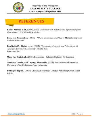 Republic of the Philippines
APAYAO STATE COLLEGE
Luna, Apayao, Philippines 3818
10 | P a g e
Lucas, Marilou et al., (2009). Basic Economics with Taxation and Agrarian Reform
Coursebook.” ASCU-Solid North Inc.
Bato, Ma. Jesusa et al., (2011). “Micro Economics Simplified .” Mandaluyong City:
National Bookstore.
Bon Kristoffer Gabay et. al., (2012). “Economics: Concepts and Principles with
Agrarian Reform and Taxation).” Manila: Rex
Bookstore, Inc.
Mun, Har Wai et. al., (2016). Economics. Selangor Malasia: SJ Learning
Mendoza, Lorelie, and Tapang, Bienvenido, (2001). Introduction to Economics.
University of the Philippines Open University
Pettinger, Tejvan., (2017). Cracking Economics. Octopus Publishing Group, Great
Britain.
REFERENCES
 