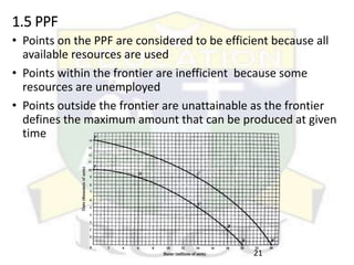 1.5 PPF
• Points on the PPF are considered to be efficient because all
available resources are used
• Points within the frontier are inefficient because some
resources are unemployed
• Points outside the frontier are unattainable as the frontier
defines the maximum amount that can be produced at given
time
21
 