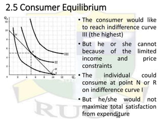 2.5 Consumer Equilibrium
• The consumer would like
to reach indifference curve
III (the highest)
• But he or she cannot
because of the limited
income and price
constraints
• The individual could
consume at point N or R
on indifference curve I
• But he/she would not
maximize total satisfaction
from expenditure
56
 