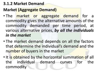 3.1.2 Market Demand
Market (Aggregate Demand)
• The market or aggregate demand for a
commodity gives the alternative amounts of the
commodity demanded per time period, at
various alternative prices, by all the individuals
in the market
• The market demand depends on all the factors
that determine the individual’s demand and the
number of buyers in the market
• It is obtained by the horizontal summation of all
the individual demand curves for the
commodity
 