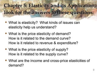 Chapter 5: Elasticity and its Application,
look for the answers to these questions:
 What is elasticity? What kinds of issues can
elasticity help us understand?
 What is the price elasticity of demand?
How is it related to the demand curve?
How is it related to revenue & expenditure?
 What is the price elasticity of supply?
How is it related to the supply curve?
 What are the income and cross-price elasticities of
demand?
0
 