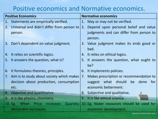 Positive economics and Normative economics.
Positive Economics Normative economics
1. Statements are empirically verified.
2. Universal and didn’t differ from person to
person.
3. Don’t dependent on value judgment.
4. It relies on scientific logics.
5. It answers the question, what is?
6. It formulates theories, principles.
7. Aim is to study about society which makes
decision about production, consumption
etc.
8. Objective and quantitative.
9. It is like physics, chemistry.
10. Eg. When Price increases Quantity
demanded decreases.
1. May or may not be verified.
2. Depend upon personal belief and value
judgments and can differ from person to
person.
3. Value judgment makes its ends good or
bad.
4. It relies on ethical logics.
5. It answers the question, what ought to
be?
6. It implements policies.
7. Makes prescription or recommendation to
suggest what should be done for
economic betterment.
8. Subjective and qualitative.
9. It is like ethical science.
10. Eg. Water resources should be used for
economic development.
 