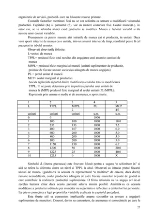 27
organizatie de servicii, probabil- care nu foloseste resurse primare.
Costurile factorilor mentinuti ficsi nu se vor schimba ca urmare a modificarii volumului
productiei. Capitalul (K) si pamantul (S), vor da nastere costurilor fixe. Costul muncii(L), in
orice caz, se va schimba atunci cand productia se modifica. Munca e factorul variabil si da
nastere unor costuri variabile.
Presupunem ca putem masura atat intrarile de munca cat si productia, in unitati. Daca
vom sporii intrarile de munca cu o unitate, intr-un anumit interval de timp, rezultatul poate fi cel
prezentat in tabelul urmator.
Observati abrevierile folosite:
L=unitati de munca
TPPL= produsul fizic total rezultat din angajarea unei anumite cantitati de
munca
MPPL= produsul fizic marginal al muncii (unitati suplimentare de productie,
produse de fiecare unitate succesiva adaugata de munca angajata)
PL = pretul unitar al muncii
MCP= costul marginal al productiei.
Acesta reprezinta raportul dintre modificarea costului total si modificarea
TPPL. El se poate determina prin impartirea pretului unei unitati de
munca la (MPP) produsul fizic marginal al acelei unitati (PL/MPPL).
Reprezinta prin urmare o medie si de asemenea, o aproximatie.
1 2 3 4 5
L TPPL MPPL PL MCP
2 4/3
unitati unitati unitati u.m. u.m.
0 0 1000
1 100 100 1000 10.0
2 233 133 1000 7.5
3 400 167 1000 6.0
4 600 200 1000 5.0
5 800 200 1000 5.0
6 100 200 1000 5.0
7 1150 150 1000 6.7
8 1200 50 1000 20.0
9 1225 25 1000 40.0
10 1255 0 1000 X
Simbolul ∆ (literea greceasca) este frecvent folosit pentru a sugera “o schimbare in” si
aici se refera la diferenta dintre un nivel al TPPL la altul. Observati ca intrucat pretul fiecarei
unitati de munca, (ganditi-va la aceasta ca reprezentand “o multime“ de om-ore, daca doriti)
ramane nemodificata, costul productiei adaugata de catre fiecare muncitor depinde de gradul in
care contribuie la realizarea productiei suplimentare. O firma rationala nu va angaja cel de-al
zecelea lucrator chiar daca acesta pretinde salariu minim posibil. Amintiti-va ca aceasta
modificare a productiei obtinute per muncitor nu reprezinta o reflectare a calitatilor lui personale.
Ea este o consecinta a legii proportiilor variabile explicata in capitolul precedent.
Esta foarte util sa cunoastem implicatiile asupra costurilor ca urmare a angajarii
suplimentare de muncitori. Deseori, dorim sa cunoastem, de asemenea si consecintele pe care le
 