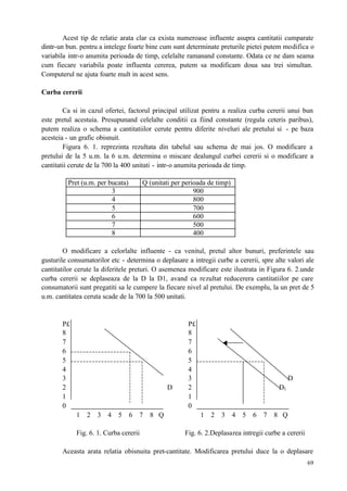69
Acest tip de relatie arata clar ca exista numeroase influente asupra cantitatii cumparate
dintr-un bun. pentru a intelege foarte bine cum sunt determinate preturile pietei putem modifica o
variabila intr-o anumita perioada de timp, celelalte ramanand constante. Odata ce ne dam seama
cum fiecare variabila poate influenta cererea, putem sa modificam doua sau trei simultan.
Computerul ne ajuta foarte mult in acest sens.
Curba cererii
Ca si in cazul ofertei, factorul principal utilizat pentru a realiza curba cererii unui bun
este pretul acestuia. Presupunand celelalte conditii ca fiind constante (regula ceteris paribus),
putem realiza o schema a cantitatiilor cerute pentru diferite niveluri ale pretului si - pe baza
acesteia - un grafic obisnuit.
Figura 6. 1. reprezinta rezultata din tabelul sau schema de mai jos. O modificare a
pretului de la 5 u.m. la 6 u.m. determina o miscare dealungul curbei cererii si o modificare a
cantitatii cerute de la 700 la 400 unitati - intr-o anumita perioada de timp.
Pret (u.m. per bucata) Q (unitati per perioada de timp)
3 900
4 800
5 700
6 600
7 500
8 400
O modificare a celorlalte influente - ca venitul, pretul altor bunuri, preferintele sau
gusturile consumatorilor etc - determina o deplasare a intregii curbe a cererii, spre alte valori ale
cantitatilor cerute la diferitele preturi. O asemenea modificare este ilustrata in Figura 6. 2.unde
curba cererii se deplaseaza de la D la D1, avand ca rezultat reducerera cantitatiilor pe care
consumatorii sunt pregatiti sa le cumpere la fiecare nivel al pretului. De exemplu, la un pret de 5
u.m. cantitatea ceruta scade de la 700 la 500 unitati.
P£ P£
8 8
7 7
6 6
5 5
4 4
3 3 D
2 D 2 D1
1 1
0 0
1 2 3 4 5 6 7 8 Q 1 2 3 4 5 6 7 8 Q
Fig. 6. 1. Curba cererii Fig. 6. 2.Deplasarea intregii curbe a cererii
Aceasta arata relatia obisnuita pret-cantitate. Modificarea pretului duce la o deplasare
 