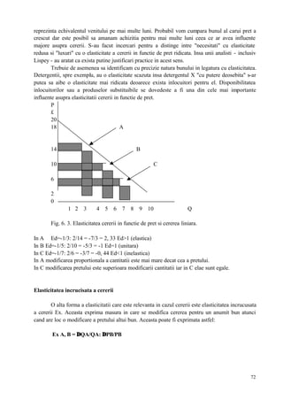 72
reprezinta echivalentul venitului pe mai multe luni. Probabil vom cumpara bunul al carui pret a
crescut dar este posibil sa amanam achizitia pentru mai multe luni ceea ce ar avea influente
majore asupra cererii. S-au facut incercari pentru a distinge intre "necesitati" cu elasticitate
redusa si "luxuri" cu o elasticitate a cererii in functie de pret ridicata. Insa unii analisti - inclusiv
Lispey - au aratat ca exista putine justificari practice in acest sens.
Trebuie de asemenea sa identificam cu precizie natura bunului in legatura cu elasticitatea.
Detergentii, spre exemplu, au o elasticitate scazuta insa detergentul X "cu putere deosebita" s-ar
putea sa aibe o elasticitate mai ridicata deoarece exista inlocuitori pentru el. Disponibilitatea
inlocuitorilor sau a produselor substituibile se dovedeste a fi una din cele mai importante
influente asupra elasticitatii cererii in functie de pret.
P
£
20
18 A
14 B
10 C
6
2
0
1 2 3 4 5 6 7 8 9 10 Q
Fig. 6. 3. Elasticitatea cererii in functie de pret si cererea liniara.
In A Ed=-1/3: 2/14 = -7/3 = 2, 33 Ed>1 (elastica)
In B Ed=-1/5: 2/10 = -5/3 = -1 Ed=1 (unitara)
In C Ed=-1/7: 2/6 = -3/7 = -0, 44 Ed<1 (inelastica)
In A modificarea proportionala a cantitatii este mai mare decat cea a pretului.
In C modificarea pretului este superioara modificarii cantitatii iar in C elae sunt egale.
Elasticitatea incrucisata a cererii
O alta forma a elasticitatii care este relevanta in cazul cererii este elasticitatea incrucusata
a cererii Ex. Aceasta exprima masura in care se modifica cererea pentru un anumit bun atunci
cand are loc o modificare a pretului altui bun. Aceasta poate fi exprimata astfel:
Ex A, B = ∆QA/QA: ∆PB/PB
 