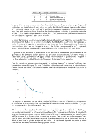12
Panier Bien 1 Bien 2 Observation
x1 x2
A 15 10 Niveau de départ
B 17 09 Même satisfaction que A
C 20 10 Satisfaction supérieure à A
D 10 09 Satisfaction inférieure à A
Le panier B procure au consommateur la même satisfaction que le panier A parce que le panier B
contient un peu plus d’unités de bien 1 et un peu moins d’unités du bien 2 que le panier A. Le passage
de A à B qui ne modifie en rien le niveau de satisfaction traduit un mécanisme de substitution entre
bien. Pour avoir un même niveau de satisfaction, l’individu décide de baisser la quantité consommée
du bien 2 (x2 = –1) et d’accroître celle du bien 1 (x1 = 2). On peut donc dire qu’aux yeux de l’individu,
une unité de bien 2 équivaut à deux unités du bien 1.
Le panier C procure au consommateur une plus grande satisfaction que le panier A car ils contiennent
la même quantité du bien 2 et le panier C contient plus d’unités du bien 1. Autrement dit, le passage du
panier A au panier C suppose un accroissement de niveau de vie ou de satisfaction car la quantité
consommée du bien 2 n’a pas changé (x2 = 0) et celle du bien 1 a augmenté (x1 = 5). Le panier D
procure une satisfaction moindre que le panier A car il contient moins d’unités des deux biens.
En partant de cet ensemble d’observations, il est possible de représenter graphiquement le lieu
géométrique des différents paniers de biens qui procurent au consommateur un même niveau de
satisfaction. Ce lieu géométrique est appelé courbe d’indifférence en ce que l’individu – du point de
vue de la satisfaction – est indifférent entre les paniers de biens qui forme la courbe.
Pour des biens imparfaitement substituables (le cas envisagé ci-dessus), la courbe d’indifférence est
convexe par rapport { l’origine des axes. Cette allure est justifiée par le mécanisme de substitution qui
s’opère lorsque l’on passe d’un panier de biens { un autre sans modifier le niveau de satisfaction de
l’individu.
x2
x2
A
A
x2
B
B
U0
0 x1
A
x1
B
x1
Les paniers A et B qui sont sur une même courbe d’indifférence, procure { l’individu un même niveau
de satisfaction (U0). Le passage de A à B correspond à une diminution de la quantité du bien 2 (–x2) et
une augmentation de la quantité du bien 1 (x1).
Il faut noter que deux courbes d’indifférence ne correspondant pas { un même niveau d’utilité, ne
peuvent jamais se couper. En effet, comme nous l’avons fait remarquer avec l’axiome de transitivité,
les choix d’un consommateur rationnel doivent être cohérents. Il ne peut pas dire que le panier A est
préféré au panier B et dire au même moment que le panier C est préféré au panier A alors qu’{ ses
yeux, le panier B équivaut au panier C. De même, il ne peut pas soutenir que le panier A est préféré au
panier B alors que le panier A équivaut au panier C et ce dernier équivaut au panier B. Cette
contradiction apparaît clairement dans le graphique suivant.
 