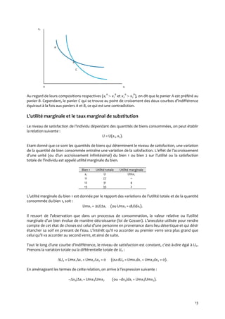 13
x2
A
B
C
0 x1
Au regard de leurs compositions respectives (x1
A
 x1
B
et x2
A
 x2
B
), on dit que le panier A est préféré au
panier B. Cependant, le panier C qui se trouve au point de croisement des deux courbes d’indifférence
équivaut à la fois aux paniers A et B, ce qui est une contradiction.
L’utilité marginale et le taux marginal de substitution
Le niveau de satisfaction de l’individu dépendant des quantités de biens consommées, on peut établir
la relation suivante :
U = U(x1, x2).
Etant donné que ce sont les quantités de biens qui déterminent le niveau de satisfaction, une variation
de la quantité de bien consommée entraîne une variation de la satisfaction. L’effet de l’accroissement
d’une unité (ou d’un accroissement infinitésimal) du bien 1 ou bien 2 sur l’utilité ou la satisfaction
totale de l’individu est appelé utilité marginale du bien.
Bien 1 Utilité totale Utilité marginale
x1 U Umx1
11 27 –
12 31 4
13 33 2
L’utilité marginale du bien 1 est donnée par le rapport des variations de l’utilité totale et de la quantité
consommée du bien 1, soit :
Umx1 = U/x1 (ou Umx1 = dU/dx1).
Il ressort de l’observation que dans un processus de consommation, la valeur relative ou l’utilité
marginale d’un bien évolue de manière décroissante (loi de Gossen). L’anecdote utilisée pour rendre
compte de cet état de choses est celui d’une personne en provenance dans lieu désertique et qui désir
étancher sa soif en prenant de l’eau. L’intérêt qu’il va accorder au premier verre sera plus grand que
celui qu’il va accorder au second verre, et ainsi de suite.
Tout le long d’une courbe d’indifférence, le niveau de satisfaction est constant, c’est-à-dire égal à U0.
Prenons la variation totale ou la différentielle totale de U0 :
U0 = Umx1x1 + Umx2x2 = 0 (ou dU0 = Umx1dx1 + Umx2dx2 = 0).
En aménageant les termes de cette relation, on arrive { l’expression suivante :
–x2/x1 = Umx1/Umx2 (ou –dx2/dx1 = Umx1/Umx2).
 
