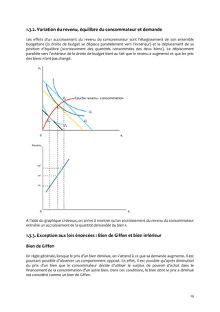 19
1.3.2. Variation du revenu, équilibre du consommateur et demande
Les effets d’un accroissement du revenu du consommateur sont l’élargissement de son ensemble
budgétaire (la droite de budget se déplace parallèlement vers l’extérieur) et le déplacement de sa
position d’équilibre (accroissement des quantités consommées des deux biens). Le déplacement
parallèle vers l’extérieur de la droite de budget tient au fait que le revenu a augmenté et que les prix
des biens n’ont pas changé.
x2
E2 Courbe revenu - consommation
E1
U2
E0 U1
U0
0 x1
Revenu;
m .
m .
m .
0 x1
A l’aide du graphique ci-dessus, on arrive { montrer qu’un accroissement du revenu du consommateur
entraîne un accroissement de la quantité demandée du bien 1.
1.3.3. Exception aux lois énoncées : Bien de Giffen et bien inférieur
Bien de Giffen
En règle générale, lorsque le prix d’un bien diminue, on s’attend { ce que sa demande augmente. Il est
pourtant possible d’observer un comportement opposé. En effet, il est possible qu’après diminution
du prix d’un bien que le consommateur décide d’utiliser le surplus de pouvoir d’achat dans le
financement de la consommation d’un autre bien. Dans ces conditions, le bien dont le prix a diminué
est considéré comme un bien de Giffen.
 