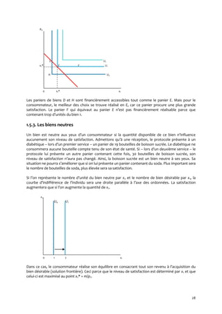 28
x2
. D U2
. x2* E F U1
. H U0
0 x1* x1
Les paniers de biens D et H sont financièrement accessibles tout comme le panier E. Mais pour le
consommateur, le meilleur des choix se trouve réalisé en E, car ce panier procure une plus grande
satisfaction. Le panier F qui équivaut au panier E n’est pas financièrement réalisable parce que
contenant trop d’unités du bien 1.
1.5.3. Les biens neutres
Un bien est neutre aux yeux d’un consommateur si la quantité disponible de ce bien n’influence
aucunement son niveau de satisfaction. Admettons qu’{ une réception, le protocole présente { un
diabétique – lors d’un premier service – un panier de 19 bouteilles de boisson sucrée. Le diabétique ne
consommera aucune bouteille compte tenu de son état de santé. Si – lors d’un deuxième service – le
protocole lui présente un autre panier contenant cette fois, 30 bouteilles de boisson sucrée, son
niveau de satisfaction n’aura pas changé. Ainsi, la boisson sucrée est un bien neutre { ses yeux. Sa
situation ne pourra s’améliorer que si on lui présente un panier contenant du soda. Plus important sera
le nombre de bouteilles de soda, plus élevée sera sa satisfaction.
Si l’on représente le nombre d’unité du bien neutre par x2 et le nombre de bien désirable par x1, la
courbe d’indifférence de l’individu sera une droite parallèle { l’axe des ordonnées. La satisfaction
augmentera que si l’on augmente la quantité de x1.
.x2
U0 U1
0 1 2 x1
Dans ce cas, le consommateur réalise son équilibre en consacrant tout son revenu { l’acquisition du
bien désirable (solution frontière). Ceci parce que le niveau de satisfaction est déterminé par x1 et que
celui-ci est maximisé au point x1* = m/p1.
 