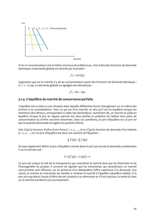 66
Prix
yd
1 yd
2 yd
G = yd
1 + yd
2 (Demande globale)
Quantité
Si les m consommateurs ont la même structure de préférences, c’est-à-dire des fonctions de demande
identiques, la demande globale est donnée par le produit :
yd
G = myd
j(p).
Supposons que sur le marché, il y ait 40 consommateurs ayant des fonctions de demande identiques :
yd
j = 2 – 0.25p. La demande globale ou agrégée sera donnée par :
yd
G = 80 – 10p.
3.1.4. L’équilibre du marché de concurrence parfaite
L’équilibre est un état ou une situation dans laquelle différentes forces interagissant sur un même lieu
arrivent { se contrebalancer. Pour ce qui est d’un marché, on dira qu’il est en équilibre lorsque les
intentions des offreurs correspondent à celles des demandeurs. Autrement dit, un marché se solde en
équilibre lorsque le prix en vigueur permet aux deux parties en présence de réaliser leurs plans de
consommation ou d’offre sans être rationnées. Dans ces conditions, un prix d’équilibre est un prix tel
que la quantité demandée est égale à la quantité offerte.
Soit ys
i(p) la fonction d’offre d’une firme (i = 1, 2, …, n) et yd
j(p) la fonction de demande d’un individu
(j = 1, 2, …, m). Un prix d’équilibre est alors une solution de l’équation :
∑ yd
j(p) = ∑ ys
i(p).
On peut également définir le prix d’équilibre comme étant le prix qui annule la demande excédentaire
E sur le marché, soit :
E  [yd
G(p) – yS
G(p)] = 0.
Ce prix est unique du fait de la transparence qui caractérise le marché ainsi que de l’atomicité et de
l’homogénéité du produit. Il convient de signaler que les mécanismes qui caractérisent un marché
concurrentiel sont efficaces, car en présence d’un déséquilibre (offre supérieure { la demande, vice
versa), ils entrent en interaction de manière à ramener le marché à l’équilibre (équilibre stable). Si le
prix est trop élevé, l’excès d’offre devrait conduire { sa diminution et s’il est trop bas, la rareté du bien
sur le marché entraînera son accroissement.
 