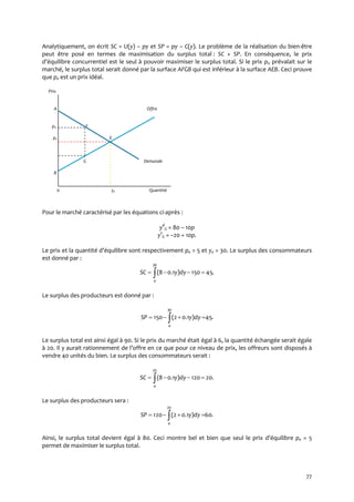 77
Analytiquement, on écrit SC = U(y) – py et SP = py – C(y). Le problème de la réalisation du bien-être
peut être posé en termes de maximisation du surplus total : SC + SP. En conséquence, le prix
d’équilibre concurrentiel est le seul à pouvoir maximiser le surplus total. Si le prix p0 prévalait sur le
marché, le surplus total serait donné par la surface AFGB qui est inférieur à la surface AEB. Ceci prouve
que pe est un prix idéal.
Prix
A Offre
p0 F
pe E
G Demande
B
0 ye Quantité
Pour le marché caractérisé par les équations ci-après :
yd
G = 80 – 10p
ys
G = –20 + 10p.
Le prix et la quantité d’équilibre sont respectivement pe = 5 et ye = 30. Le surplus des consommateurs
est donné par :
 
30
0
.45150)1.08( dyySC
Le surplus des producteurs est donné par :
.45)1.02(150
30
0
  dyySP
Le surplus total est ainsi égal à 90. Si le prix du marché était égal à 6, la quantité échangée serait égale
{ 20. Il y aurait rationnement de l’offre en ce que pour ce niveau de prix, les offreurs sont disposés à
vendre 40 unités du bien. Le surplus des consommateurs serait :
 
20
0
.20120)1.08( dyySC
Le surplus des producteurs sera :
.60)1.02(120
20
0
  dyySP
Ainsi, le surplus total devient égal à 80. Ceci montre bel et bien que seul le prix d’équilibre pe = 5
permet de maximiser le surplus total.
 