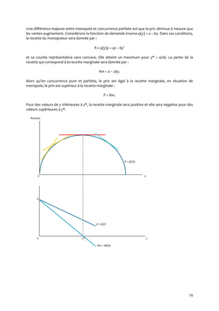 79
Une différence majeure entre monopole et concurrence parfaite est que le prix diminue à mesure que
les ventes augmentent. Considérons la fonction de demande inverse p(y) = a – by. Dans ces conditions,
la recette du monopoleur sera donnée par :
R  p(y)y = ay – by2
et sa courbe représentative sera concave. Elle atteint un maximum pour y* = a/2b. La pente de la
recette qui correspond à la recette marginale sera donnée par :
Rm = a – 2by.
Alors qu’en concurrence pure et parfaite, le prix est égal { la recette marginale, en situation de
monopole, le prix est supérieur à la recette marginale :
P > Rm.
Pour des valeurs de y inférieures à y*, la recette marginale sera positive et elle sera négative pour des
valeurs supérieures à y*.
Recette
R = p(y)y
0 y
a
p = p(y)
0 y* y
Rm = dR/dy
 