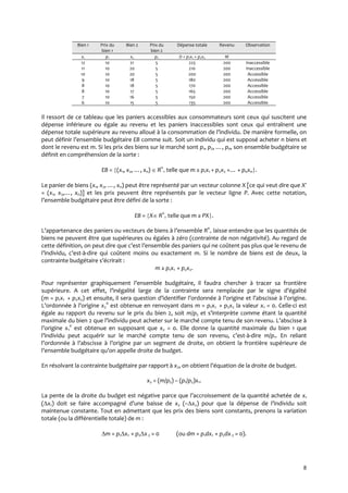 8
Bien 1 Prix du
bien 1
Bien 2 Prix du
bien 2
Dépense totale Revenu Observation
x1 p1 x2 p2 D = p1x1 + p2x2 M
12 10 21 5 225 200 Inaccessible
11 10 20 5 210 200 Inaccessible
10 10 20 5 200 200 Accessible
9 10 18 5 180 200 Accessible
8 10 18 5 170 200 Accessible
8 10 17 5 165 200 Accessible
7 10 16 5 150 200 Accessible
6 10 15 5 135 200 Accessible
Il ressort de ce tableau que les paniers accessibles aux consommateurs sont ceux qui suscitent une
dépense inférieure ou égale au revenu et les paniers inaccessibles sont ceux qui entraînent une
dépense totale supérieure au revenu alloué { la consommation de l’individu. De manière formelle, on
peut définir l’ensemble budgétaire EB comme suit. Soit un individu qui est supposé acheter n biens et
dont le revenu est m. Si les prix des biens sur le marché sont p1, p2, …, pn, son ensemble budgétaire se
définit en compréhension de la sorte :
EB = (x1, x2, …, xn)  Rn
+ telle que m ≥ p1x1 + p2x2 +… + pnxn.
Le panier de biens (x1, x2, …, xn) peut être représenté par un vecteur colonne X [ce qui veut dire que X
= (x1, x2,…, xn)] et les prix peuvent être représentés par le vecteur ligne P. Avec cette notation,
l’ensemble budgétaire peut être défini de la sorte :
EB = X Rn
+ telle que m ≥ PX.
L’appartenance des paniers ou vecteurs de biens { l’ensemble Rn
+ laisse entendre que les quantités de
biens ne peuvent être que supérieures ou égales à zéro (contrainte de non négativité). Au regard de
cette définition, on peut dire que c’est l’ensemble des paniers qui ne coûtent pas plus que le revenu de
l’individu, c’est-à-dire qui coûtent moins ou exactement m. Si le nombre de biens est de deux, la
contrainte budgétaire s’écrirait :
m ≥ p1x1 + p2x2.
Pour représenter graphiquement l’ensemble budgétaire, il faudra chercher { tracer sa frontière
supérieure. A cet effet, l’inégalité large de la contrainte sera remplacée par le signe d’égalité
(m = p1x1 + p2x2) et ensuite, il sera question d’identifier l’ordonnée { l’origine et l’abscisse { l’origine.
L’ordonnée { l’origine x2
0
est obtenue en renvoyant dans m = p1x1 + p2x2 la valeur x1 = 0. Celle-ci est
égale au rapport du revenu sur le prix du bien 2, soit m/p2 et s’interprète comme étant la quantité
maximale du bien 2 que l’individu peut acheter sur le marché compte tenu de son revenu. L’abscisse {
l’origine x1
0
est obtenue en supposant que x2 = 0. Elle donne la quantité maximale du bien 1 que
l’individu peut acquérir sur le marché compte tenu de son revenu, c’est-à-dire m/p1. En reliant
l’ordonnée { l’abscisse { l’origine par un segment de droite, on obtient la frontière supérieure de
l’ensemble budgétaire qu’on appelle droite de budget.
En résolvant la contrainte budgétaire par rapport à x2, on obtient l’équation de la droite de budget.
x2 = (m/p2) – (p1/p2)x1.
La pente de la droite du budget est négative parce que l’accroissement de la quantité achetée de x1
(x1) doit se faire accompagné d’une baisse de x2 (–x2) pour que la dépense de l’individu soit
maintenue constante. Tout en admettant que les prix des biens sont constants, prenons la variation
totale (ou la différentielle totale) de m :
m = p1x1 + p2x2 = 0 (ou dm = p1dx1 + p2dx2 = 0).
 