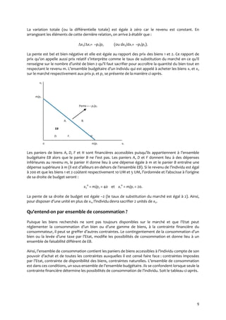 9
La variation totale (ou la différentielle totale) est égale à zéro car le revenu est constant. En
arrangeant les éléments de cette dernière relation, on arrive à établir que :
x2/x1= –p1/p2 (ou dx2/dx1= –p1/p2).
La pente est bel et bien négative et elle est égale au rapport des prix des biens 1 et 2. Ce rapport de
prix qu’on appelle aussi prix relatif s’interprète comme le taux de substitution du marché en ce qu’il
renseigne sur le nombre d’unité de bien 2 qu’il faut sacrifier pour accroître la quantité du bien tout en
respectant le revenu m. L’ensemble budgétaire d’un individu qui est appelé { acheter les biens x1 et x2
sur le marché respectivement aux prix p1 et p2 se présente de la manière ci-après.
x2
m/p2
Pente = – p1/p2
A. B.
EB
D. F. H
0 m/p1 x1
Les paniers de biens A, D, F et H sont financières accessibles puisqu’ils appartiennent { l’ensemble
budgétaire EB alors que le panier B ne l’est pas. Les paniers A, D et F donnent lieu à des dépenses
inférieures au revenu m, le panier H donne lieu à une dépense égale à m et le panier B entraîne une
dépense supérieure à m (il est d’ailleurs en-dehors de l’ensemble EB). Si le revenu de l’individu est égal
{ 200 et que les biens 1 et 2 coûtent respectivement 10 UM et 5 UM, l’ordonnée et l’abscisse { l’origine
de sa droite de budget seront :
x2
0
= m/p2 = 40 et x1
0
= m/p1 = 20.
La pente de sa droite de budget est égale –2 (le taux de substitution du marché est égal à 2). Ainsi,
pour disposer d’une unité en plus de x1, l’individu devra sacrifier 2 unités de x2.
Qu’entend-on par ensemble de consommation ?
Puisque les biens recherchés ne sont pas toujours disponibles sur le marché et que l’Etat peut
réglementer la consommation d’un bien ou d’une gamme de biens, { la contrainte financière du
consommateur, il peut se greffer d’autres contraintes. Le contingentement de la consommation d’un
bien ou la levée d’une taxe par l’Etat, modifie les possibilités de consommation et donne lieu { un
ensemble de faisabilité différent de EB.
Ainsi, l’ensemble de consommation contient les paniers de biens accessibles { l’individu compte de son
pouvoir d’achat et de toutes les contraintes auxquelles il est censé faire face : contraintes imposées
par l’Etat, contrainte de disponibilité des biens, contraintes naturelles. L’ensemble de consommation
est dans ces conditions, un sous-ensemble de l’ensemble budgétaire. Ils se confondent lorsque seule la
contrainte financière détermine les possibilités de consommation de l’individu. Soit le tableau ci-après.
 
