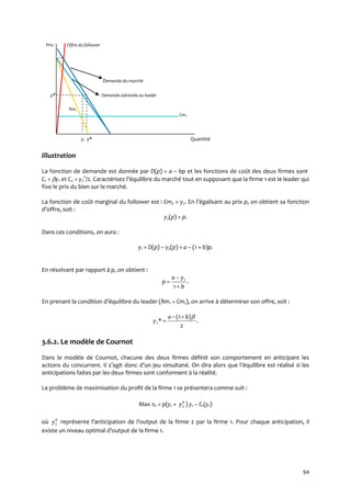 94
Prix Offre du follower
Demande du marché
p* Demande adressée au leader
Rm1
Cm1
y1 y* Quantité
Illustration
La fonction de demande est donnée par D(p) = a – bp et les fonctions de coût des deux firmes sont
C1 = y1 et C2 = y2
2
/2. Caractérisez l’équilibre du marché tout en supposant que la firme 1 est le leader qui
fixe le prix du bien sur le marché.
La fonction de coût marginal du follower est : Cm2 = y2. En l’égalisant au prix p, on obtient sa fonction
d’offre, soit :
y2(p) = p.
Dans ces conditions, on aura :
y1 = D(p) – y2(p) = a – (1 + b)p.
En résolvant par rapport à p, on obtient :
.
1
1
b
ya
p



En prenant la condition d’équilibre du leader (Rm1 = Cm1), on arrive à déterminer son offre, soit :
.
2
)1(
*1
ba
y


3.6.2. Le modèle de Cournot
Dans le modèle de Cournot, chacune des deux firmes définit son comportement en anticipant les
actions du concurrent. Il s’agit donc d’un jeu simultané. On dira alors que l’équilibre est réalisé si les
anticipations faites par les deux firmes sont conforment à la réalité.
Le problème de maximisation du profit de la firme 1 se présentera comme suit :
Max 1 = p(y1 + a
y2 ) y1 – C1(y1)
où a
y2 représente l’anticipation de l’output de la firme 2 par la firme 1. Pour chaque anticipation, il
existe un niveau optimal d’output de la firme 1.
 