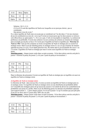 J1J2 Boxe Opéra
Boxe 3,2 1,1
Opéra 0,0 2,3
Solution : B, 0 ; (1,1)
(3,2) et (2,3) sont des équilibres de Nash avec lesquel...