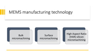 MEMS manufacturing technology
Bulk
micromachining
Surface
micromachining
High Aspect Ratio
(HAR) silicon
micromachining
 