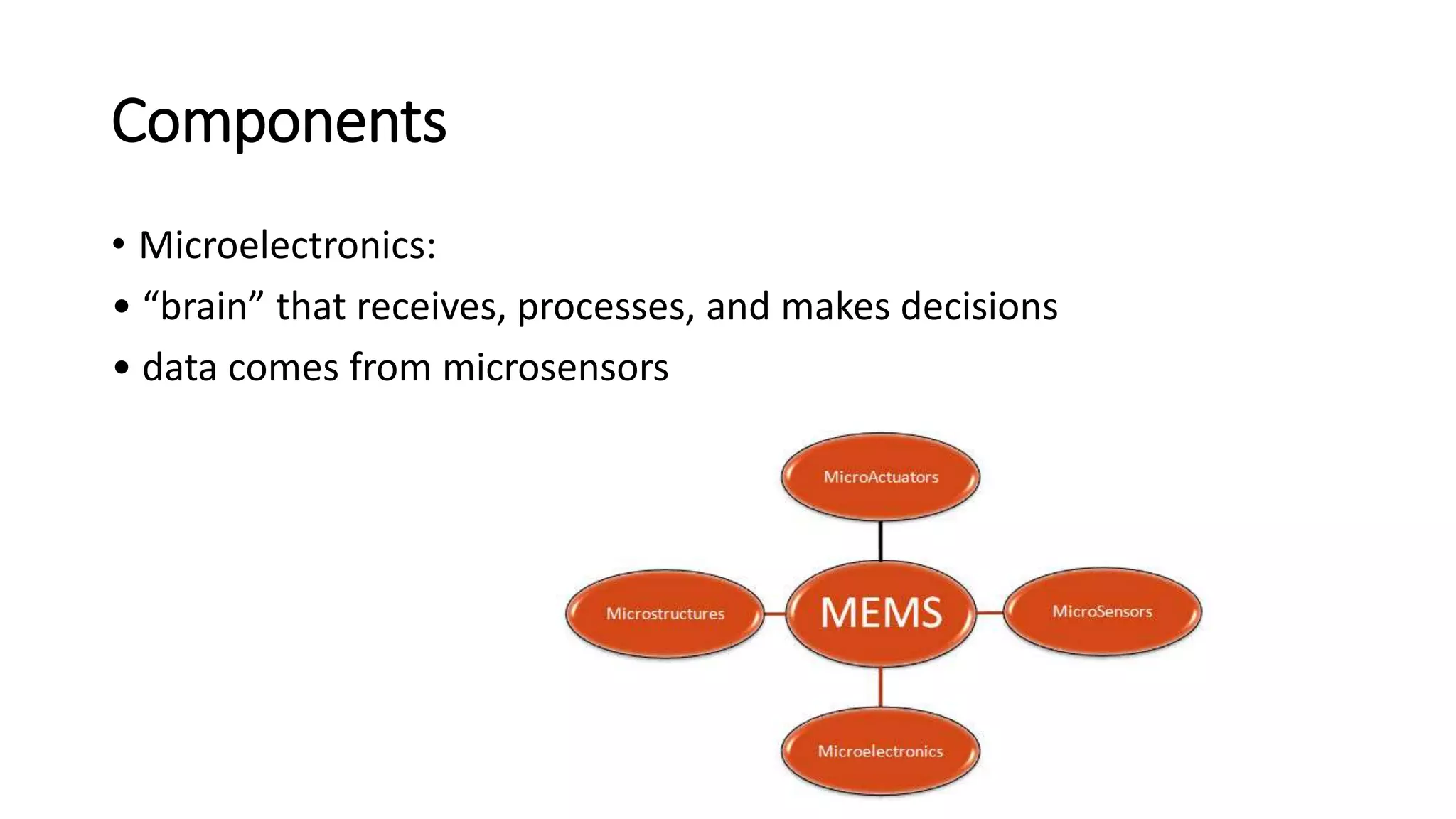 Components
• Microelectronics:
• “brain” that receives, processes, and makes decisions
• data comes from microsensors
 