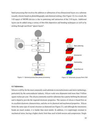 14
batch processing that involves the addition or subtraction of two dimensional layers on a substrate
(usually silicon) based on photolithography and chemical etching. (See Figure 12) As a result, the
3-D aspect of MEMS devices is due to patterning and interaction of the 2-D layers. Additional
layers can be added using a variety of thin-film deposition and bonding techniques as well as by
etching through sacrificial “spacer layers”.
4.1 Substrates
Silicon is still by far the most commonly used substrate in microelectronics and micro technology,
particularly by the semiconductor industry. Silicon wafer area shipments total more than 5 billion
square inches per year. The silicon commonly used for substrates has a purity befitting the demand
and is doped to provide the required electronic properties. The success of silicon is based first on
its excellent electronic characteristics, and also on its chemical and mechanical properties. Silicon
forms the same type of crystal structure as diamond (see Figure 21), and although the interatomic
bonds are much weaker, it is harder than most metals. In addition, it is surprisingly resistant to
mechanical stress, having a higher elastic limit than steel in both tension and compression. Single
 