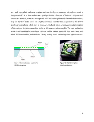 9
very well entrenched traditional products such as the electret condenser microphone which is
inexpensive ($0.50 or less) and shows a good performance in terms of frequency response and
sensitivity. However, as MEMS microphones have the advantage of better temperature resistance,
they are therefore better suited for a highly automated assembly line; in contrast to the electret
condenser microphone, which have to be soldered by hand. Other advantages include the option
of integration with electronics and the ability to fabricate arrays into one chip. The main application
areas for such devices include digital cameras, mobile phones, electronic note books/pads, and
hands free sets of mobile phones in cars. Clearly hearing aids is also an important application area.
 