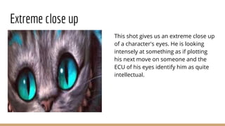 Extreme close up
This shot gives us an extreme close up
of a character's eyes. He is looking
intensely at something as if plotting
his next move on someone and the
ECU of his eyes identify him as quite
intellectual.
 