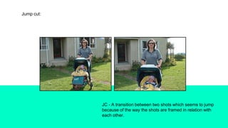 Jump cut:
JC - A transition between two shots which seems to jump
because of the way the shots are framed in relation with
each other.
 