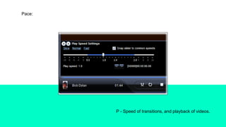 Pace:
P - Speed of transitions, and playback of videos.
 