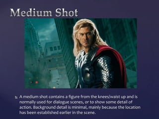 

A medium shot contains a figure from the knees/waist up and is
normally used for dialogue scenes, or to show some detail of
action. Background detail is minimal, mainly because the location
has been established earlier in the scene.

 