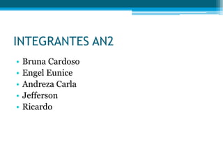 INTEGRANTES AN2
• Bruna Cardoso
• Engel Eunice
• Andreza Carla
• Jefferson
• Ricardo
 