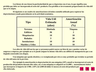 Los bienes de uso tienen la particularidad de que se deprecian con el uso, lo que significa una
pérdida que debe ser incorporada al costo del producto. Esa pérdida es inversamente proporcional a la vida útil
que se le asigna.
           El siguiente es un cuadro de amortizaciones (término contable utilizado para registrar las
depreciaciones) usado generalmente en la actividad económica.

                                                    Vida Util                 Amortización
                           Tipo                     Estimada                    Anual
                                                     (años)                      (%)
                        Terrenos                      Ilimitada                   Ninguna
                        Edificios                         50                         2
                      Maquinarias                         10                         10
                        Rodados                           5                          20
                      Instalaciones                       10                         10
                     Muebles y Utiles                     10                         10

            Los años de vida útil son los que se presumen podrá usarse un bien de uso y pueden variar de
empresa a empresa, por ejemplo no se le puede asignar la misma vida útil a un edificio de mampostería que a un
tinglado construido con chapas.
             Una máquina que queda obsoleta y es reemplazada por otra es muy probable que termine su período
de vida útil antes de lo previsto.
            Por ejemplo la amortización (o depreciación) de una máquina (10% anual) se incorporará al costo de
producción del producto durante diez años, así, si una máquina se adquirió en $ 6.000.-, mensualmente habrá
que incorporar el importe de $ 500.- (10% de 6.000 dividido 12 meses) al costo del producto por
ella elaborado.
 