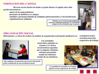 FORMACION DEL CAPITAL
            Diversas son las fuentes de donde se puede obtener el capital, entre ellas
pueden mencionarse:
     - aporte de los emprendedores;
     - préstamos de familiares y/o amigos;
     - subsidios o préstamos blandos de entidades gubernamentales y/o de beneficencia;
     - capitalización de utilidades.
                                                             Muchas veces el microemprendimiento
                                                        comienza rudimentariamente en el domicilio
                                                             propio con los elementos que se poseen.




ORGANIZACIÓN SOCIAL
Básicamente, y a efecto de realizar un análisis, la organización social puede clasificarse en: - sociedad de hecho;
                                                                                               - sociedad comercial;
                                                Las sociedades                                 - cooperativa de trabajo.
                                         comerciales señaladas en
                                             el punto 1.3.1 tienen
                                         características especiales
                                         que se adaptan a distintas
                                            variantes que pueden
                                            asumir las relaciones
                                         sociales de sus miembros.

Ante cualquier circunstancia adversa un socio puede
pedir la disolución de una sociedad de hecho.

                                                          La asamblea de asociados es el órgano
                                                         superior en las cooperativas de trabajo.
 