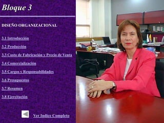 Bloque 3

DISEÑO ORGANIZACIONAL


3.1 Introducción

3.2 Producción

3.3 Costo de Fabricación y Precio de Venta

3.4 Comercialización

3.5 Cargos y Responsabilidades

3.6 Presupuestos

3.7 Resumen

3.8 Ejercitación



                   Ver Indice Completo
 