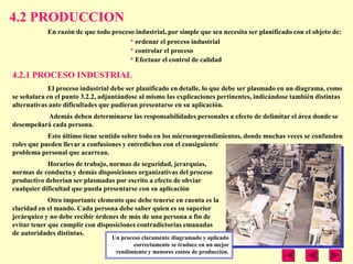 4.2 PRODUCCION
            En razón de que todo proceso industrial, por simple que sea necesita ser planificado con el objeto de:
                                       * ordenar el proceso industrial
                                       * controlar el proceso
                                       * Efectuar el control de calidad

4.2.1 PROCESO INDUSTRIAL
            El proceso industrial debe ser planificado en detalle, lo que debe ser plasmado en un diagrama, como
se señalara en el punto 3.2.2, adjuntándose al mismo las explicaciones pertinentes, indicándose también distintas
alternativas ante dificultades que pudieran presentarse en su aplicación.
          Además deben determinarse las responsabilidades personales a efecto de delimitar el área donde se
desempeñará cada persona.
            Esto último tiene sentido sobre todo en los microemprendimientos, donde muchas veces se confunden
roles que pueden llevar a confusiones y entredichos con el consiguiente
problema personal que acarrean.
            Horarios de trabajo, normas de seguridad, jerarquías,
normas de conducta y demás disposiciones organizativas del proceso
productivo deberían ser plasmadas por escrito a efecto de obviar
cualquier dificultad que pueda presentarse con su aplicación
             Otro importante elemento que debe tenerse en cuenta es la
claridad en el mando. Cada persona debe saber quien es su superior
jerárquico y no debe recibir órdenes de más de una persona a fin de
evitar tener que cumplir con disposiciones contradictorias emanadas
de autoridades distintas.
                                  Un proceso claramente diagramado y aplicado
                                          correctamente se traduce en un mejor
                                   rendimiento y menores costos de producción.
 