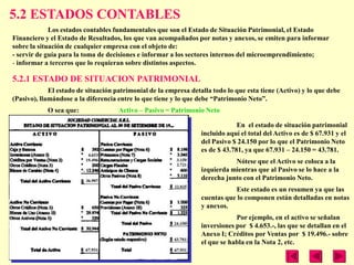 5.2 ESTADOS CONTABLES
             Los estados contables fundamentales que son el Estado de Situación Patrimonial, el Estado
Financiero y el Estado de Resultados, los que van acompañados por notas y anexos, se emiten para informar
sobre la situación de cualquier empresa con el objeto de:
- servir de guía para la toma de decisiones e informar a los sectores internos del microemprendimiento;
- informar a terceros que lo requieran sobre distintos aspectos.

5.2.1 ESTADO DE SITUACION PATRIMONIAL
             El estado de situación patrimonial de la empresa detalla todo lo que esta tiene (Activo) y lo que debe
(Pasivo), llamándose a la diferencia entre lo que tiene y lo que debe ―Patrimonio Neto‖.
            O sea que:               Activo – Pasivo = Patrimonio Neto

                                                                               En el estado de situación patrimonial
                                                                  incluido aquí el total del Activo es de $ 67.931 y el
                                                                  del Pasivo $ 24.150 por lo que el Patrimonio Neto
                                                                  es de $ 43.781, ya que 67.931 – 24.150 = 43.781.
                                                                             Nótese que el Activo se coloca a la
                                                                  izquierda mientras que al Pasivo se lo hace a la
                                                                  derecha junto con el Patrimonio Neto.
                                                                             Este estado es un resumen ya que las
                                                                  cuentas que lo componen están detalladas en notas
                                                                  y anexos.
                                                                              Por ejemplo, en el activo se señalan
                                                                  inversiones por $ 4.653.-, las que se detallan en el
                                                                  Anexo I; Créditos por Ventas por $ 19.496.- sobre
                                                                  el que se habla en la Nota 2, etc.
 