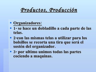 Productos, Producción Organizadores:   1- se hace un dobladillo a cada parte de las telas. 2-con las mismas telas a utilizar para los bolsillos se recorta una tira que será el sostén del organizador. 3- por ultimo unimos todas las partes cociendo a maquinas.  