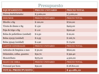 Presupuesto
EQUIPAMIENTO                    PRECIO UNITARIO   PRECIO TOTAL
Horno deshidratador             $ 5.060,00        $ 5.060,00
INSUMOS                         PRECIO UNITARIO   PRECIO TOTAL
Micelio x Kg                    $ 120,00          $720,00
Viruta de álamo x Kg            $ 1,50            $405,00
Paja de trigo x Kg              $ 1,12            $302,40
Bolsa de polietileno (unidad)   $ 0,50            $ 20,00
Bolsa 23x35 (unidad)            $ 0,55            $ 106,70
Bolsa 35x45 (unidad)            $ o,90            $ 174,60
GASTOS GENERALES                PRECIO UNITARIO   PRECIO TOTAL
Artículos de limpieza x mes     $ 50,00           $600,00
Delantales, cofias, guantes     $32,70            $ 392,40
Monotributo                     $375,00           4.500,00
MANO DE OBRA                    PRECIO UNITARIO   PRECIO TOTAL
Personal por hora               $30,00            $ 28.800,00
TOTAL PRESUPUESTO                                 $ 41.081,10
 