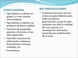 CONCLUSIONES RECOMENDACIONES Aprendimos a trabajar en grupo y a crear nuestra microempresa. Aprendimos a elaborar un producto de buena calidad. Derechos de propiedad, patentes y licencias si han sido registrados.  Describir el proceso de elaboración: máquinas, herramientas, insumos, embalaje, etc.  Proveedores.  El presente proyecto servirá como una guía didáctica para todas las futuras generaciones, ya que ha sido realizado con toda la realidad del caso, gracias a la investigación efectuada y asesorada por profesionales de la rama. 