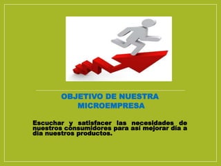 D
OBJETIVO DE NUESTRA
MICROEMPRESA
Escuchar y satisfacer las necesidades de
nuestros consumidores para así mejorar día a
día nuestros productos.
 
