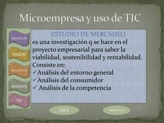 DEFINICION
                       ESTUDIO DE MERCADEO
               es una investigación q se hace en el
               proyecto empresarial para saber la
 PASOS
               viabilidad, sostenibilidad y rentabilidad.
               Consiste en:
               Análisis del entorno general
LEGALIZACION



               Análisis del consumidor
PATENTE
                Análisis de la competencia
   TIC

                         IDEA               MERCADEO
 