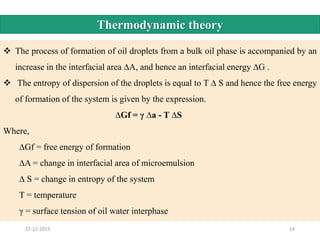 27-12-2015 14
Thermodynamic theory
 The process of formation of oil droplets from a bulk oil phase is accompanied by an
increase in the interfacial area ∆A, and hence an interfacial energy ∆G .
 The entropy of dispersion of the droplets is equal to T ∆ S and hence the free energy
of formation of the system is given by the expression.
∆Gf = γ ∆a - T ∆S
Where,
∆Gf = free energy of formation
∆A = change in interfacial area of microemulsion
∆ S = change in entropy of the system
T = temperature
γ = surface tension of oil water interphase
 