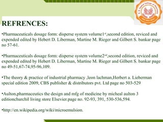 YOUR SITE HERE
LOGOREFRENCES:
•Pharmaceuticals dosage form: disperse system volume1st
,second edition, reviced and
expended edited by Hebert D. Liberman, Martine M. Rieger and Gilbert S. bankar page
no 57-61.
•Pharmaceuticals dosage form: disperse system volume2nd
,second edition, reviced and
expended edited by Hebert D. Liberman, Martine M. Rieger and Gilbert S. bankar page
no 49-51,67-74,95-96,109.
•The theory & practice of industrial pharmacy ,leon lachman,Herbert a. Lieberman
special edition 2009, CBS publisher & distributors pvt. Ltd page no 503-529
•Aulton,pharmaceutics the design and mfg of medicine by micheal aulton 3
editionchurchil living store Elsevier.page no. 92-93, 391, 530-536,594.
•http://en.wikipedia.org/wiki/microemulsion.
 