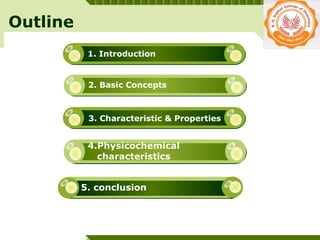 YOUR SITE HERE
LOGO
1. Introduction
2. Basic Concepts
3. Characteristic & Properties
4.Physicochemical
characteristics
Outline
5. conclusion
 