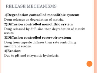 RELEASE MECHANISMS
1)Degradation controlled monolithic system:
Drug releases on degradation of matrix.
2)Diffusion controlled monolithic system:
Drug released by diffusion then degradation of matrix
occurs.
3)Diffusion controlled reservoir system:
Drug from capsule diffuses then rate controlling
membrane erodes.
4)Erosion:
Due to pH and enzymatic hydrolysis.
 