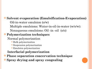  Solvent evaporation (Emulsification-Evaporation)
Oil-in-water emulsion (o/w)
Multiple emulsions: Water-in-oil-in-water (w/o/w):
Nonaqueous emulsions: Oil -in -oil (o/o)
 Polymerization techniques
Normal polymerization
 Bulk polymerization
 Suspension polymerization
 Emulsion polymerization
Interfacial polymerization
 Phase separation coacervation technique
 Spray drying and spray congealing
 