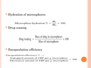  Hydration of microspheres
 Drug loading
 Encapsulation efficiency
 